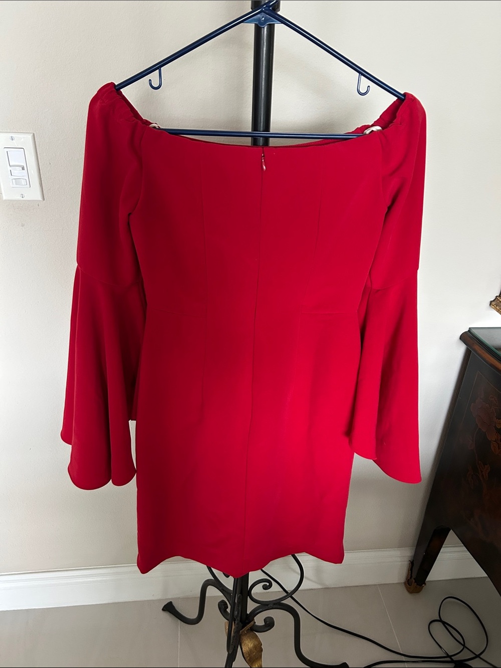 Boston Proper Red Off-Shoulder Dress with Tiered Bell Sleeves - Picture 3 of 5